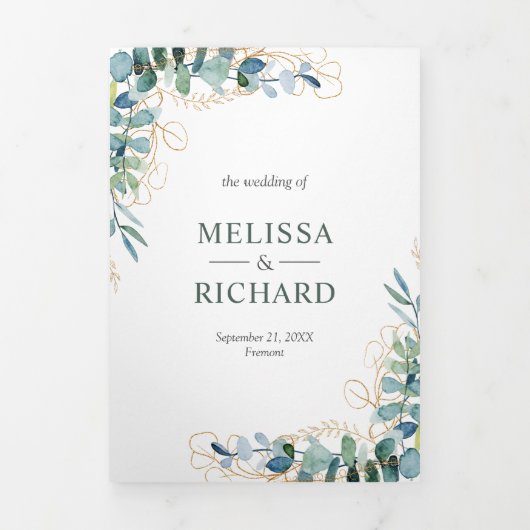 Rustige Eucalyptus Gold in één QR-code bruiloft Drieluik Uitnodiging (Cover)