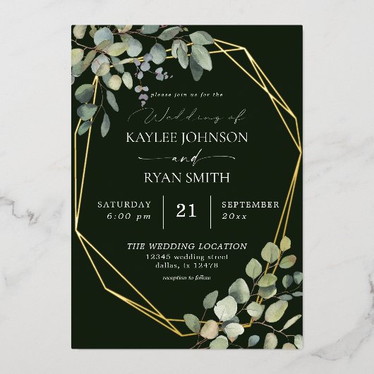 Rustige eucalyptus & Gold Lijst Wedding Green Real Folie Uitnodiging (Voorkant)