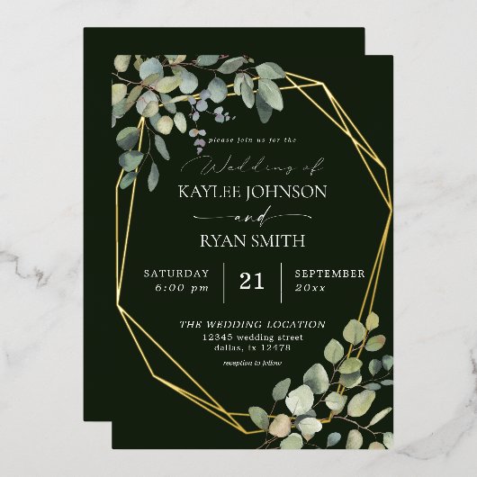 Rustige eucalyptus & Gold Lijst Wedding Green Real Folie Uitnodiging (Voorkant / Achterkant)