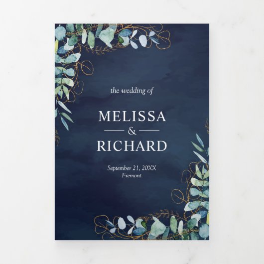 Rustige Eucalyptus Gold Navy Blue QR Code Weddensc Drieluik Uitnodiging (Cover)