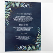 Rustige Eucalyptus Gold Navy Blue QR Code Weddensc Drieluik Uitnodiging (Binnenzijde eerst)