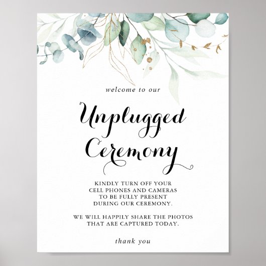 Rustige Eucalyptus Gold Unplugged Ceremony Sign Poster (Voorkant)