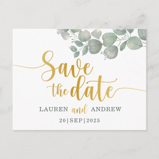Rustige Eucalyptus Green/Gold Wedding Save the Dat Briefkaart (Voorkant)