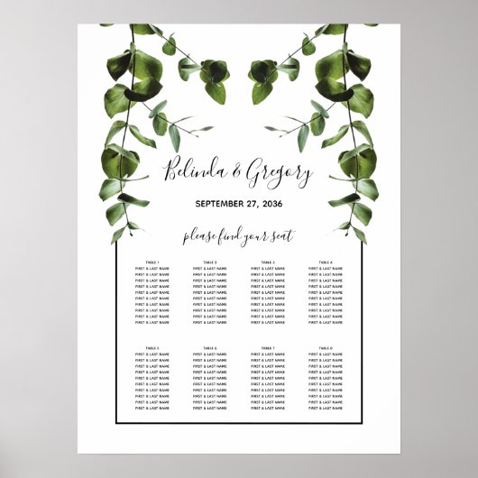 Rustige eucalyptus Leaves Wedding Seding Chart Poster (Voorkant)