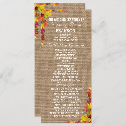 Rustige Fall Leaves Burlap Wedding Program Custom Programma (Voorkant / Achterkant)