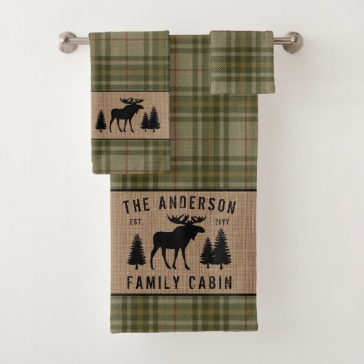 Rustige Familie Cabin Moose Pine Green Play Burlap Bad Handdoek (Insitu)