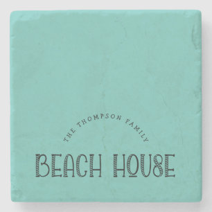Rustige familienaam Beach House Typografie Blauwgr Stenen Onderzetter