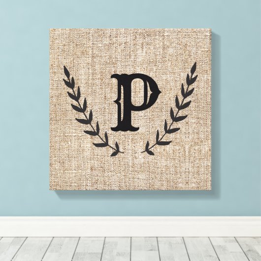 Rustige Farmhouse Burlap & Black Botanical Laurel Canvas Afdruk (Insitu (Houten vloer))