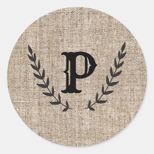 Rustige Farmhouse Burlap & Black Botanical Laurel Ronde Sticker (Voorkant)