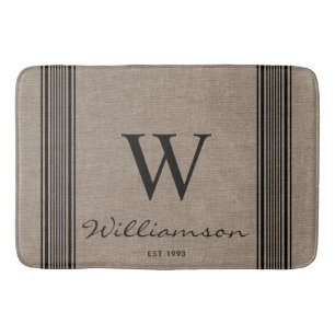 Rustige Farmhouse Ticking Stripe Burlap Monogram Badmat