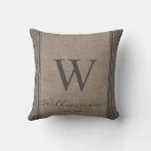 Rustige Farmhouse Ticking Stripe Burlap Monogram Kussen (Achterkant)
