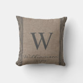 Rustige Farmhouse Ticking Stripe Burlap Monogram Kussen (Voorkant)