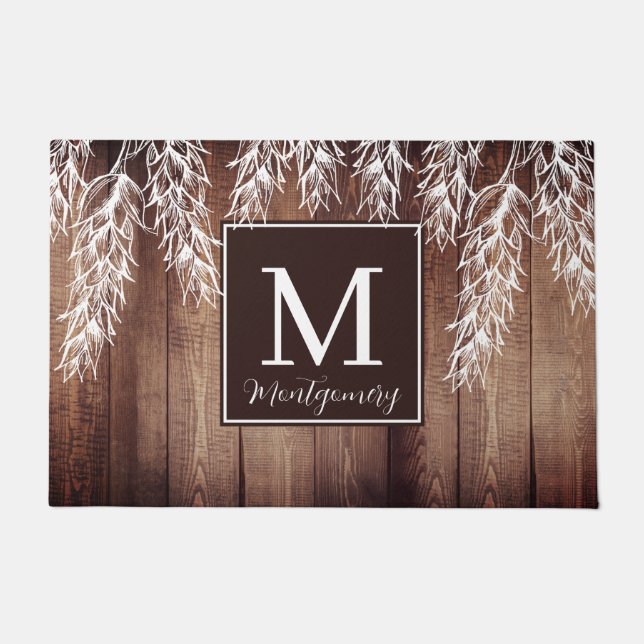 Rustige Farmhouse Wheat Stalks Barn Wood Monogram Deurmat (Voorkant)
