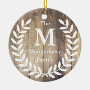 Rustige Farmhouse Wood White Laurels Familienaam Keramisch Ornament