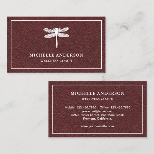 Rustige Faux Bruin Lederen Dragonfly Visitekaartje (Voorkant / Achterkant)