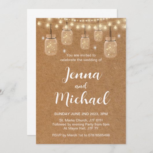 Rustige fee licht bruiloft uitnodiging, mason jar kaart (Voorkant / Achterkant)