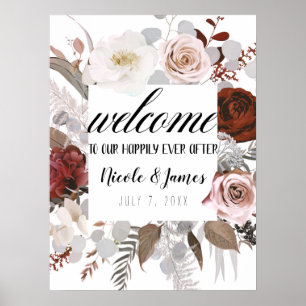 Rustige Floral Blooms Blush Grey Red Wedding Sign Poster