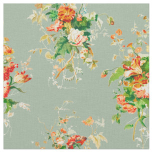 Rustige Floral Botanische Sinaasappel Sage Green Stof