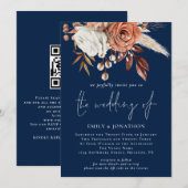 Rustige Florals QR Code Navy Blue Wedding Kaart (Voorkant / Achterkant)