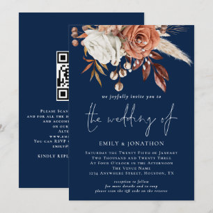 Rustige Florals QR Code Navy Blue Wedding Kaart