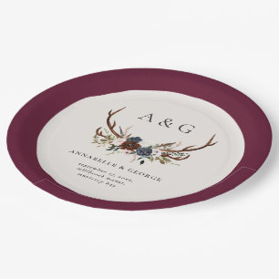 Rustige foliage floral and stag bruiloft decor papieren bordje
