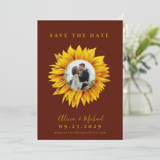 Rustige fotobruiloft met zonnebloem, met uitzonder save the date (Staand voorkant)