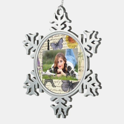 rustige franse vlinderparijs eiffeltoren tin sneeuwvlok ornament (Rechts)