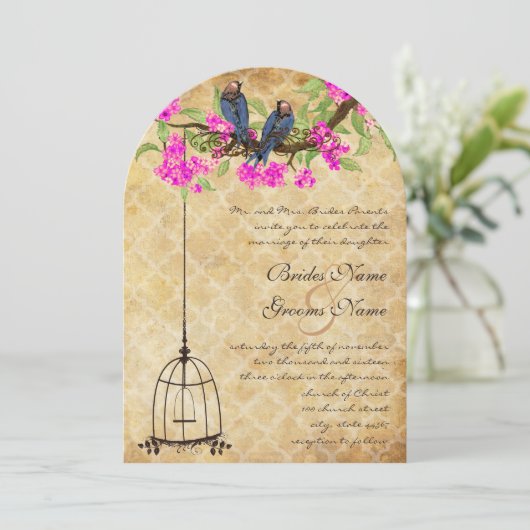 Rustige  Fuchsia Love Bird Wedding Kaart (Staand voorkant)
