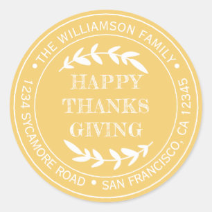 Rustige Gelukkig Thanksgiving Retouradres Geel Ronde Sticker