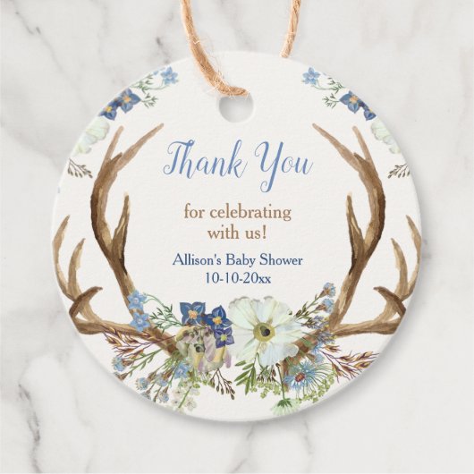 Rustige geweien blauw wit floreel baby shower bedankjes labels (Voorkant)