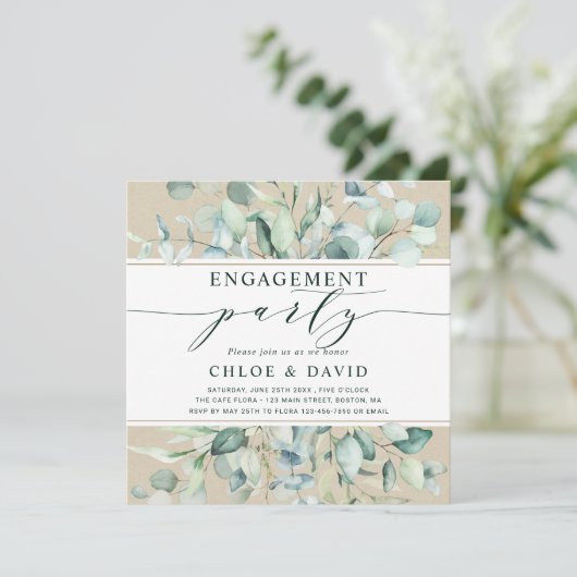 Rustige Gold Green Botanical Engagement Party Kaart (Staand voorkant)