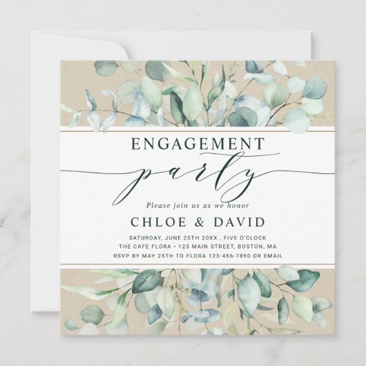 Rustige Gold Green Botanical Engagement Party Kaart (Voorkant)