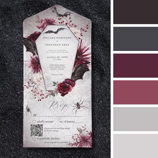 Rustige Gothic Black Burgundy Halloween QR-code All In One Uitnodiging