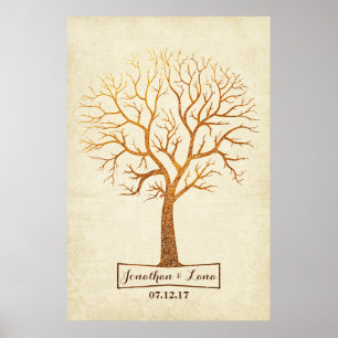 Rustige goudboom Thumbprint Wedding Guestbook Poster
