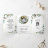Rustige goudkatoen Eucalyptus QR Code Weddenschap Drieluik Uitnodiging (Binnen)