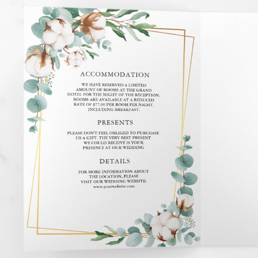 Rustige goudkatoen Eucalyptus QR Code Weddenschap Drieluik Uitnodiging (Binnenzijde eerst)