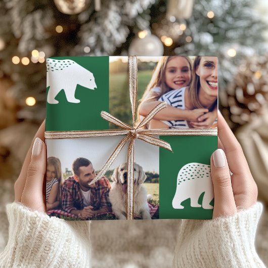 Rustige Green Winter Beren Foto van Collage Kerstm Cadeaupapier
