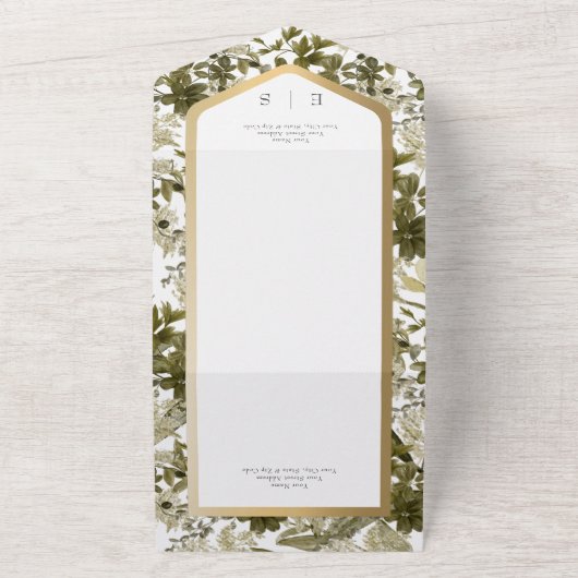 Rustige Greenery Botanical Gold Lijst Dinner All In One Uitnodiging (Buitenkant)