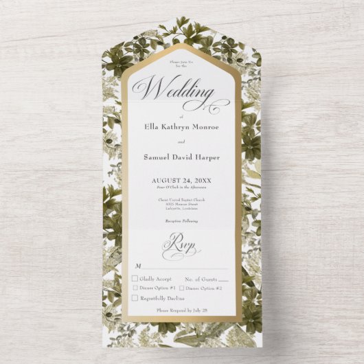 Rustige Greenery Botanical Gold Lijst Dinner All In One Uitnodiging (Binnen)