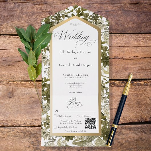Rustige Greenery Botanical Gold Lijst QR Code All In One Uitnodiging