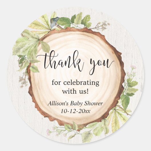 Rustige groene bos babyshower ronde sticker (Voorkant)