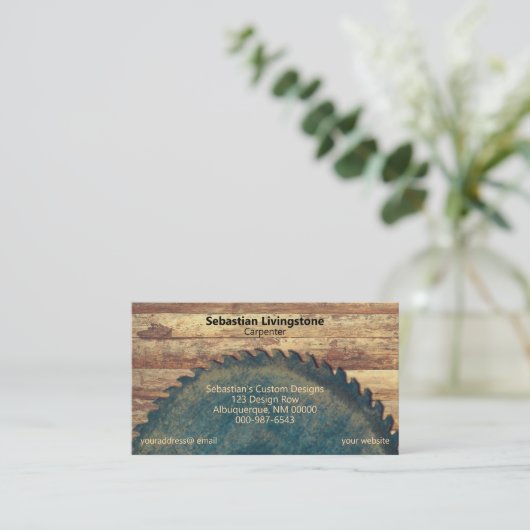 Rustige groene cirkelzagen Carpentry QR Code Terug Visitekaartje (Staand voorkant)