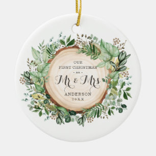Rustige Groene Eerste Kerstmis als Mijnheer en Mev Keramisch Ornament
