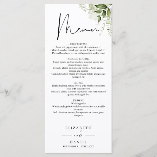 Rustige groene elegante monogram huwelijksdiner menu (Voorkant)