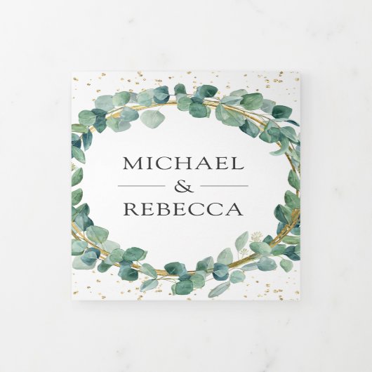 Rustige groene en gouden Eucalyptus Wreath Wedding Drieluik Uitnodiging (Cover)