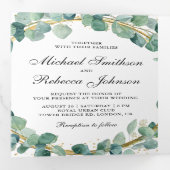 Rustige groene en gouden Eucalyptus Wreath Wedding Drieluik Uitnodiging (Binnenzijde eerst)