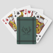 Rustige Groene en Zwarte Antlers Monogram en Naam Pokerkaarten (Achterkant)