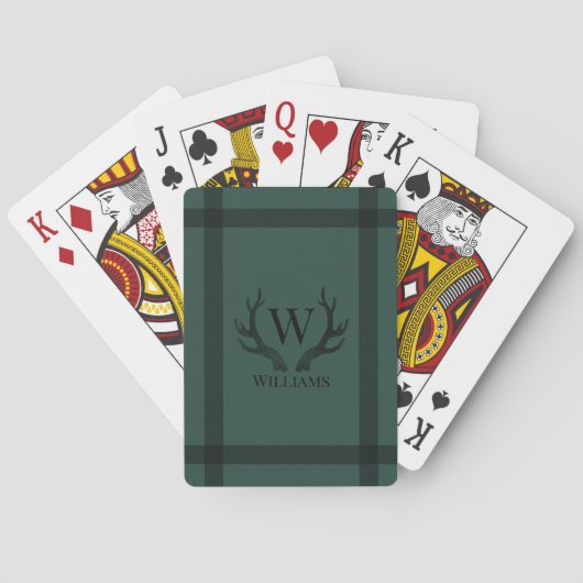 Rustige Groene en Zwarte Antlers Monogram en Naam Pokerkaarten (Achterkant)