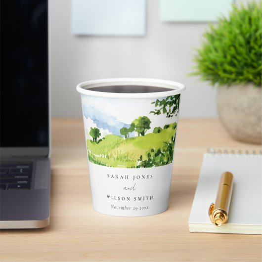 Rustige groene Waterverf Landelijke Hills Wedding Papieren Bekers (Insitu)