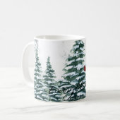 Rustige groene winterpine Trees rode kardinale vog Koffiemok (Voorkant links)